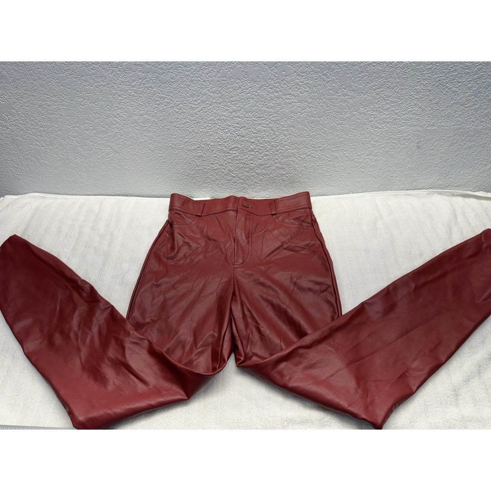 ZARA Red Faux Leather Pants Women Small Burgundy High Rise Straight Leg 5427/206